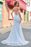 Blue Floral Off The Shoulder Corset Long Prom Dress with Appliques