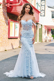 Floral Off The Shoulder Blue Corset Long Prom Dress with Appliques