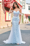 Floral Off The Shoulder Blue Corset Long Prom Dress with Appliques