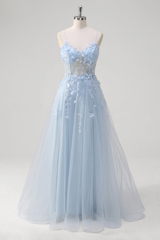 A-Line Blue Applique Spaghetti Straps Long Prom Dress