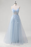 A-Line Blue Applique Spaghetti Straps Long Prom Dress