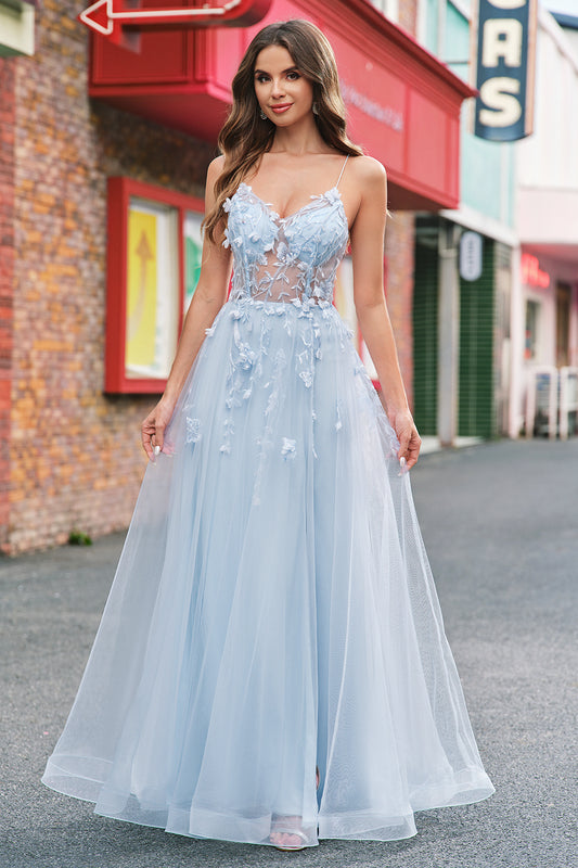 A-Line Blue Applique Spaghetti Straps Tulle Long Prom Dress