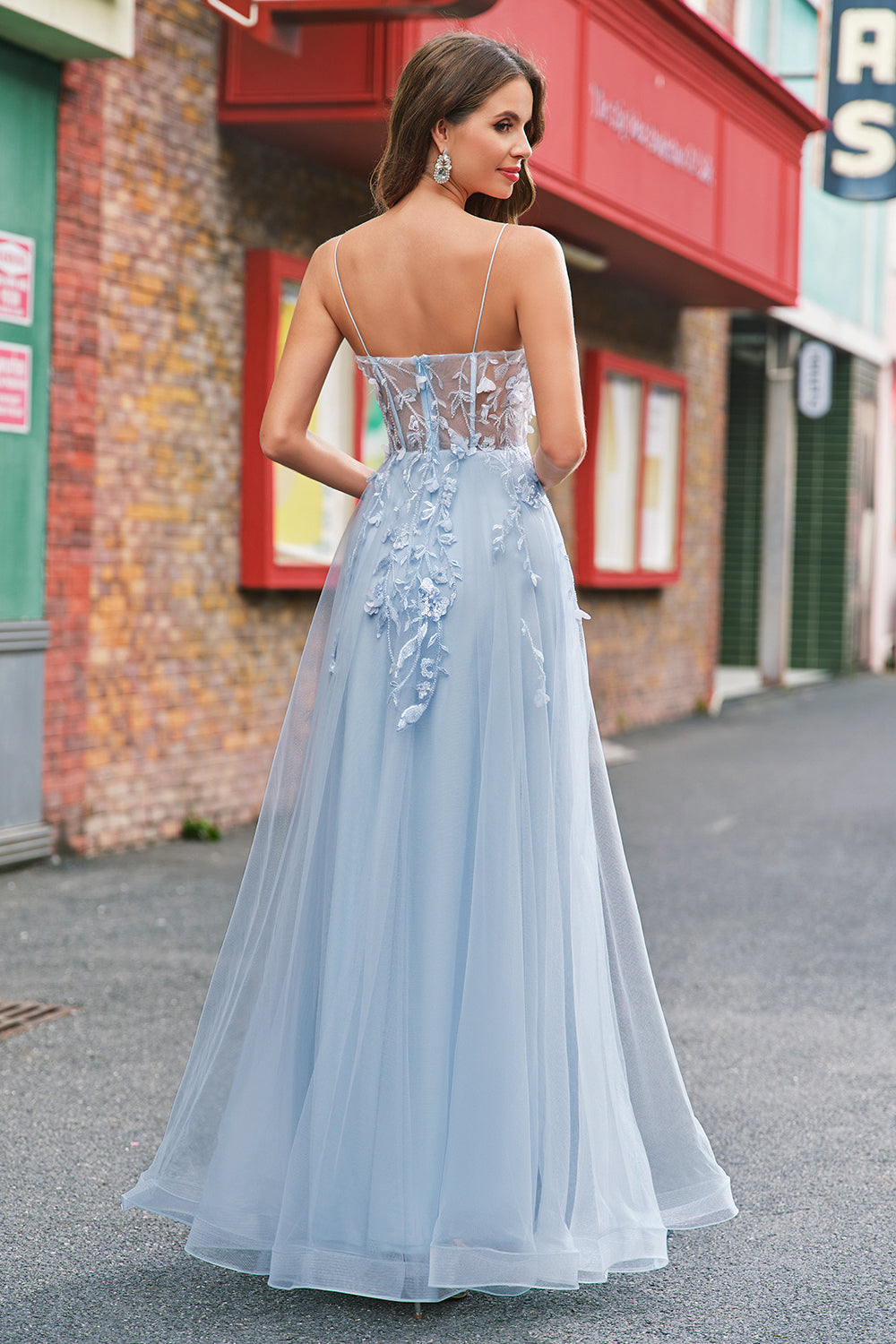 A-Line Blue Applique Spaghetti Straps Long Prom Dress