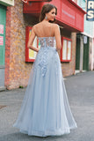 A-Line Blue Applique Spaghetti Straps Long Prom Dress