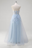 A-Line Blue Applique Spaghetti Straps Long Prom Dress