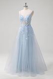 A-Line Blue Applique Spaghetti Straps Long Prom Dress