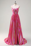 Fuchsia A-Line Spaghetti Straps Metallic Pleated Long Prom Dress with Slit