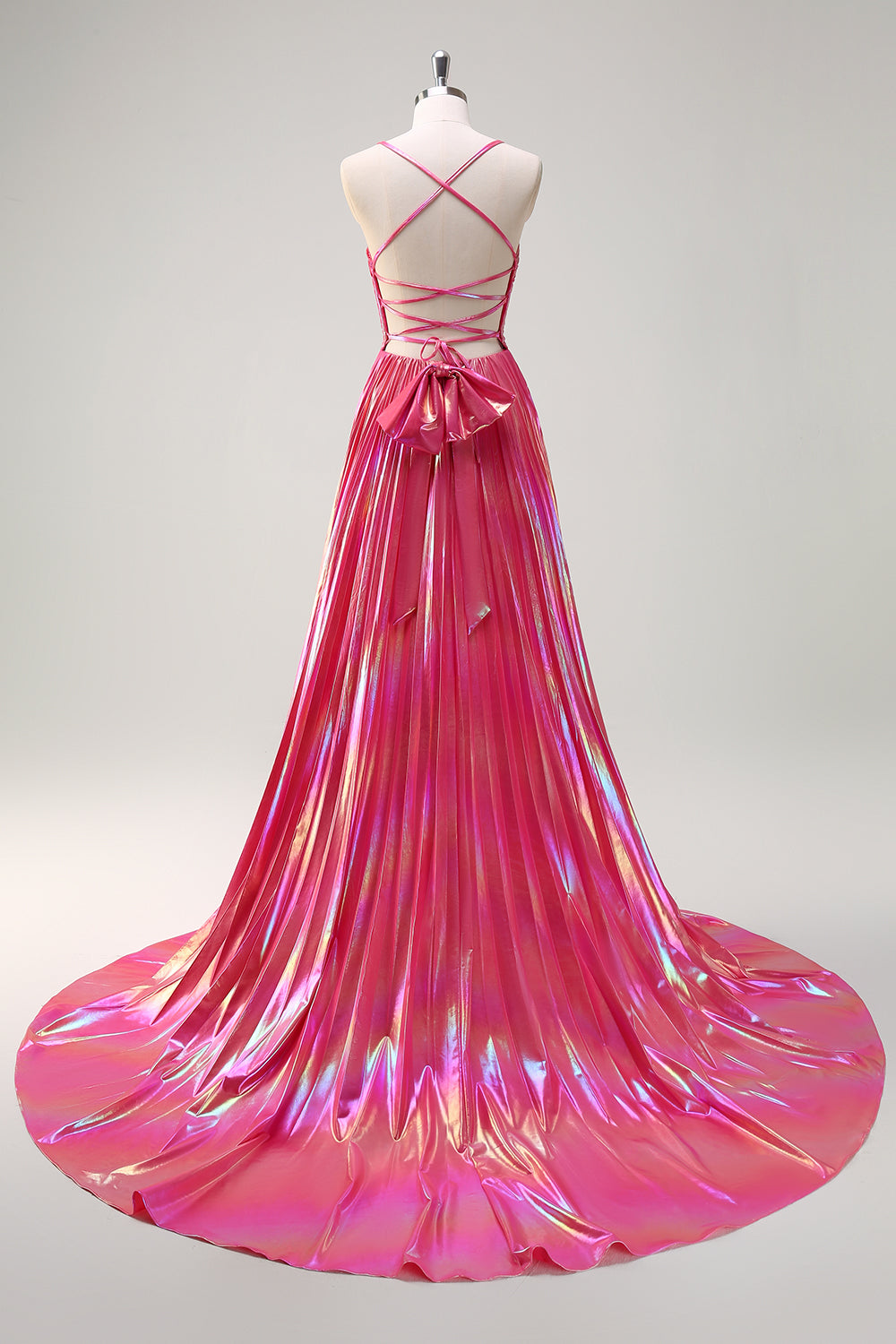 Fuchsia A-Line Spaghetti Straps Metallic Pleated Long Prom Dress with Slit