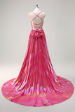 Fuchsia A-Line Spaghetti Straps Metallic Pleated Long Prom Dress with Slit