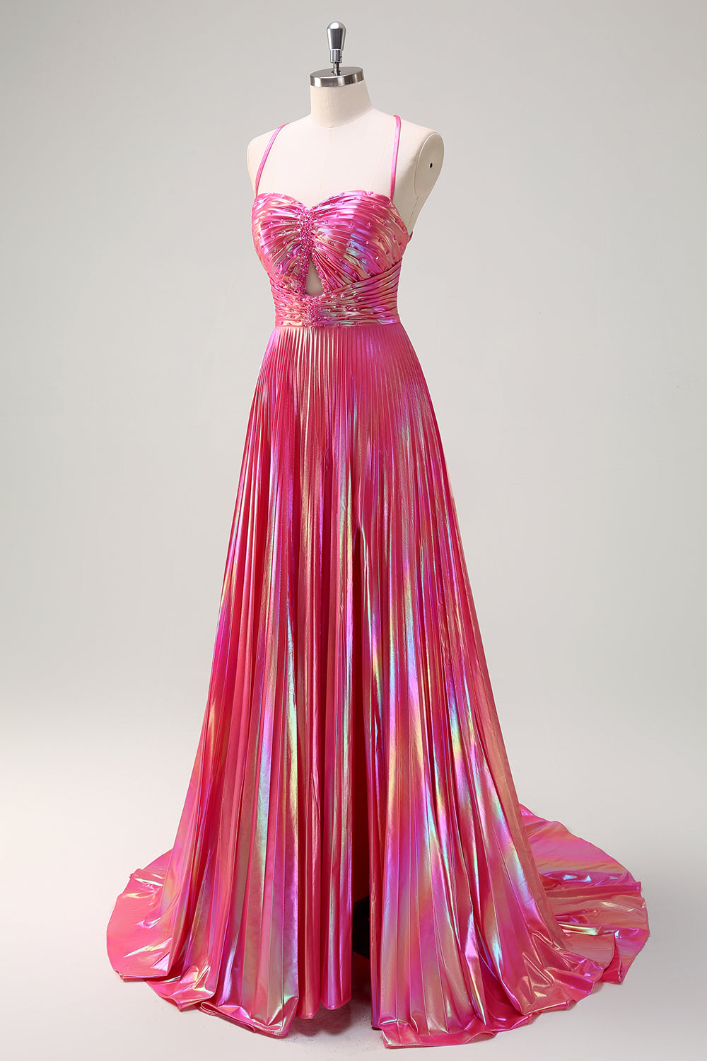 Fuchsia A-Line Spaghetti Straps Metallic Pleated Long Prom Dress with Slit