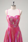 Fuchsia A-Line Spaghetti Straps Metallic Pleated Long Prom Dress with Slit