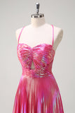 Fuchsia A-Line Spaghetti Straps Metallic Pleated Long Prom Dress with Slit