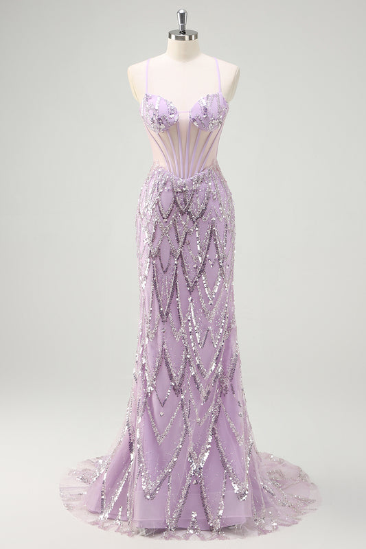 Lilac Sequined Mermaid Spaghetti Straps Long Prom Dress