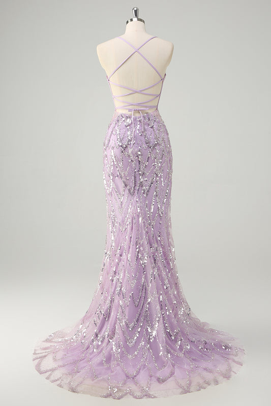 Lilac Sequined Mermaid Spaghetti Straps Long Prom Dress