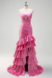 Fuchsia Sweetheart Tiered Pleated Mermaid Long Prom Dress with Slit