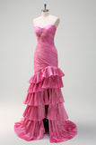 Fuchsia Sweetheart Tiered Pleated Mermaid Long Prom Dress with Slit