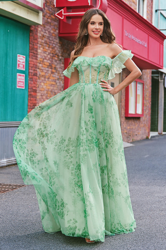 A-Line Green Floral Off The Shoulder Long Prom Dress with Slit