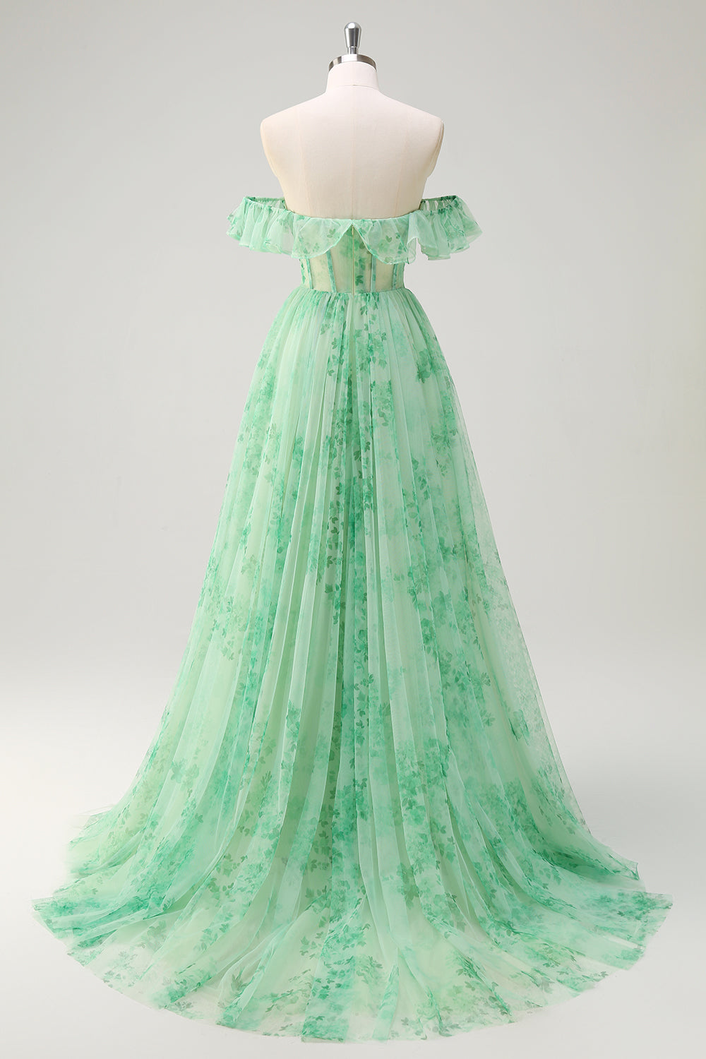 Green Floral A-Line Off The Shoulder Long Prom Dress with Slit