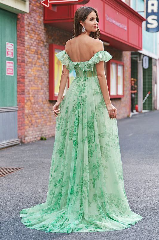 A-Line Green Floral Off The Shoulder Long Prom Dress with Slit