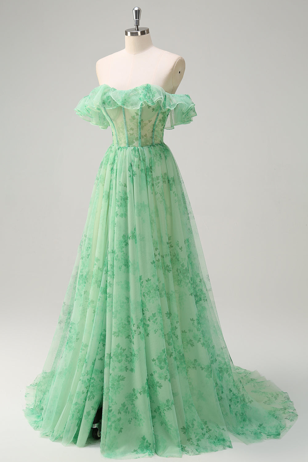 Green Floral A-Line Off The Shoulder Long Prom Dress with Slit