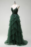 Dark Green Floral Sequined A Line Spaghetti Straps Long Prom Dress