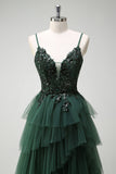 Dark Green Floral Sequined A Line Spaghetti Straps Long Prom Dress