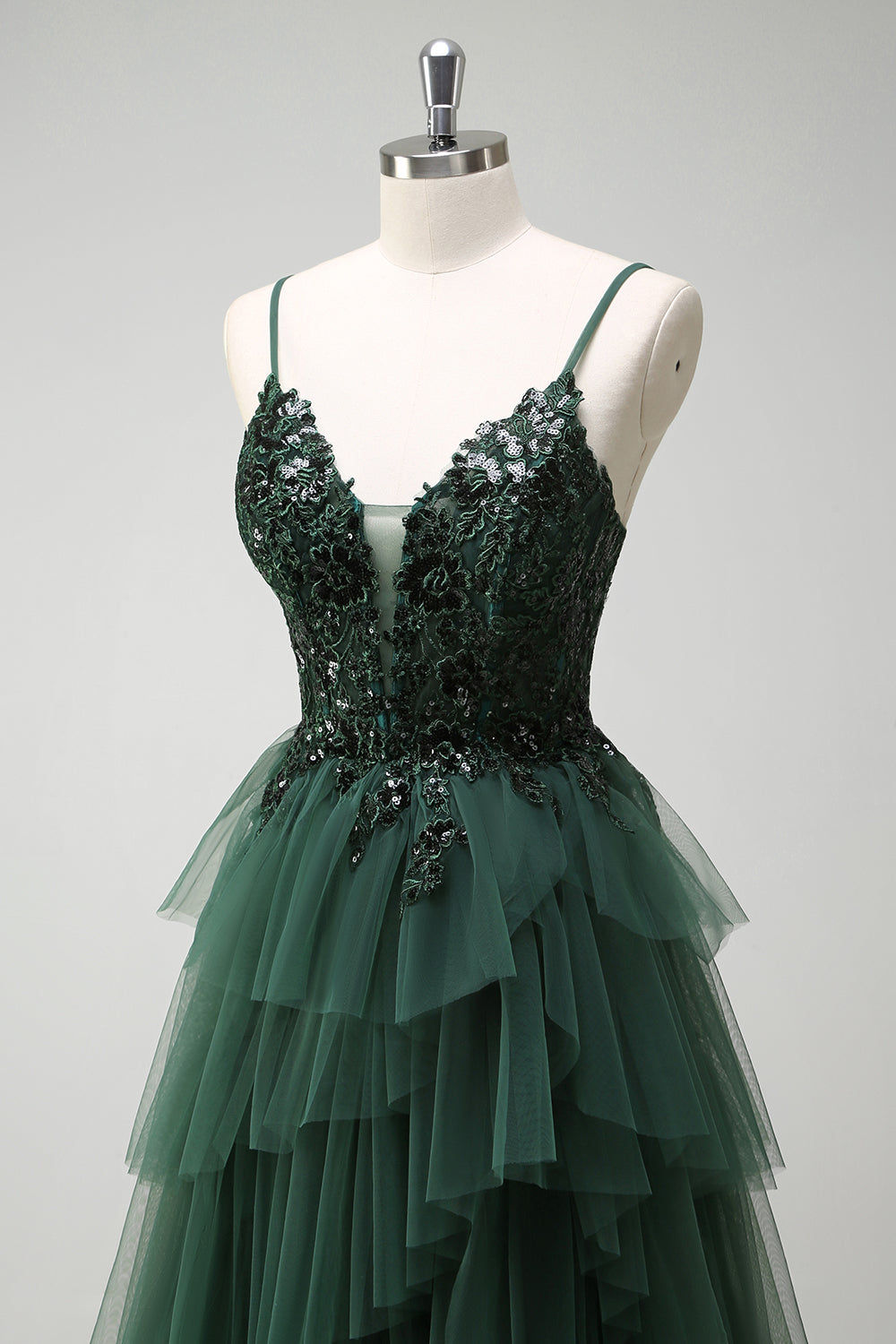 Dark Green Floral Sequined A Line Spaghetti Straps Long Prom Dress