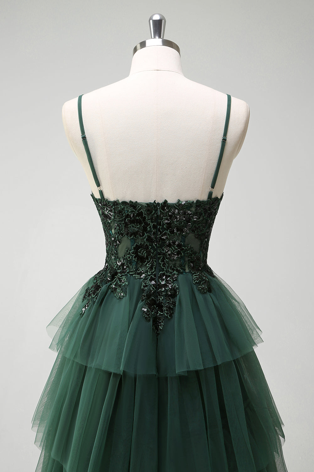 Dark Green Floral Sequined A Line Spaghetti Straps Long Prom Dress