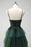 Dark Green Floral Sequined A Line Spaghetti Straps Long Prom Dress