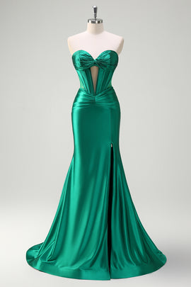 Dark Green Beaded Mermaid Sweetheart Long Prom Dress with Slit