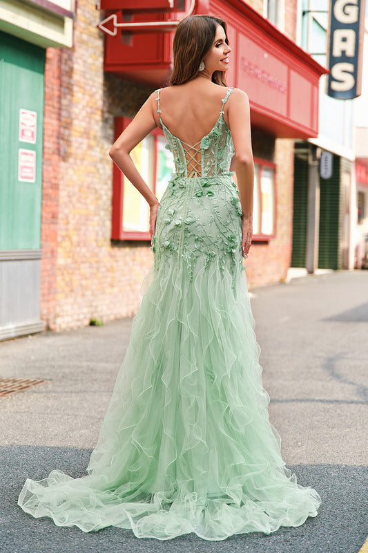 Green Mermaid Spaghetti Straps Floral Long Prom Dress with Slit