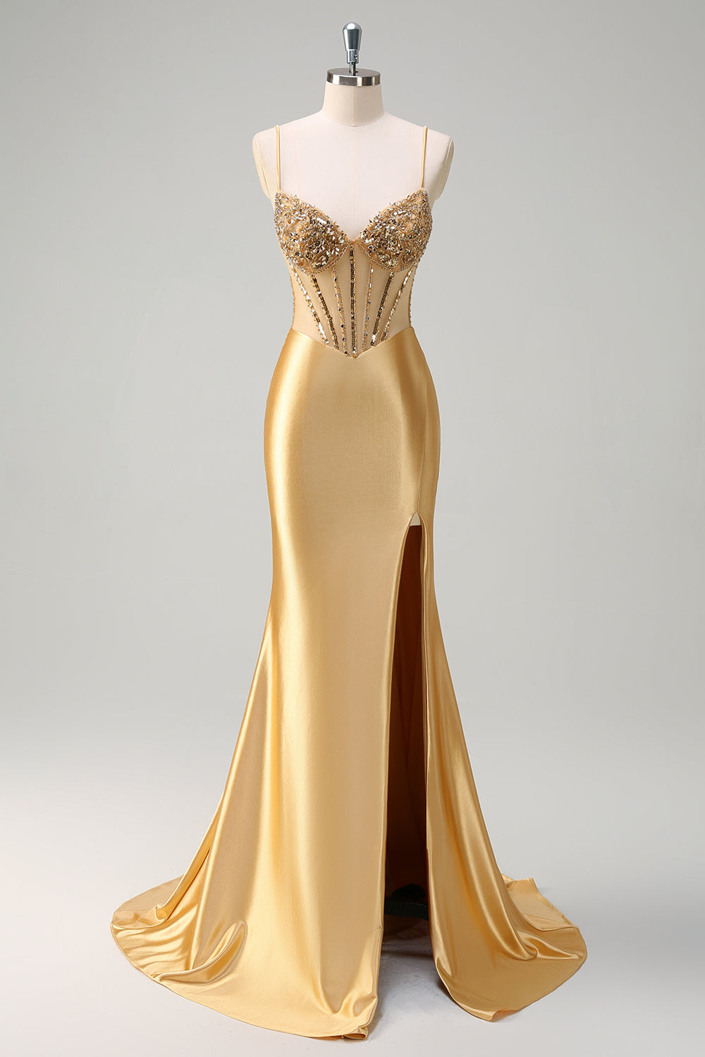 Golden Mermaid Sequined Spaghetti Straps Long Prom Dress with Slit