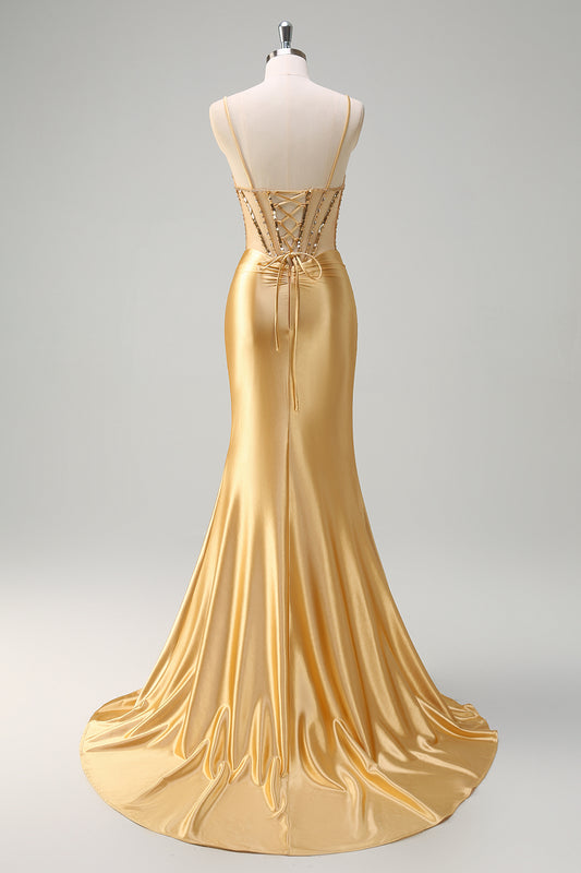 Golden Mermaid Sequined Spaghetti Straps Long Prom Dress with Slit