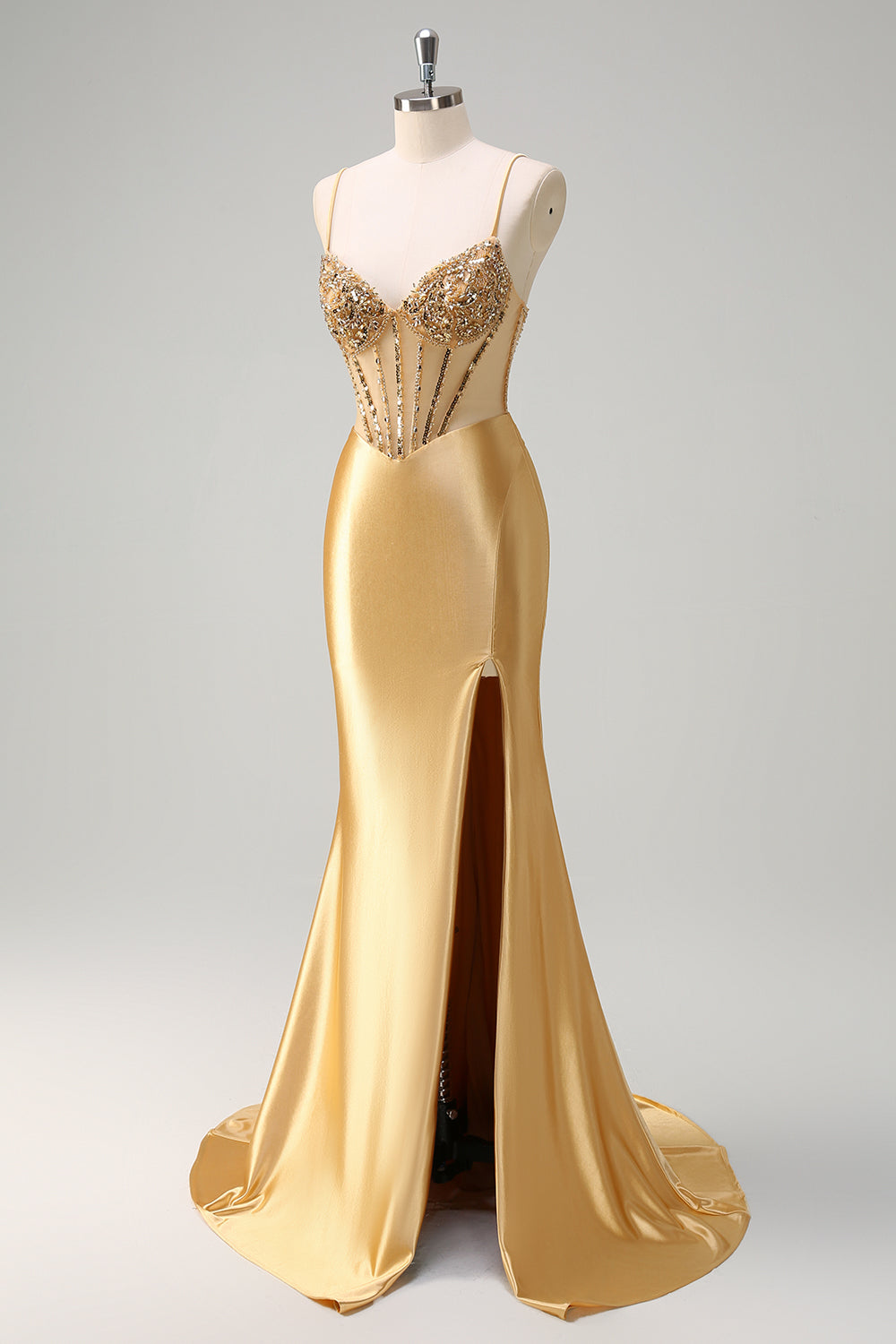 Golden Mermaid Sequined Spaghetti Straps Long Prom Dress with Slit