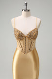 Golden Mermaid Sequined Spaghetti Straps Long Prom Dress with Slit