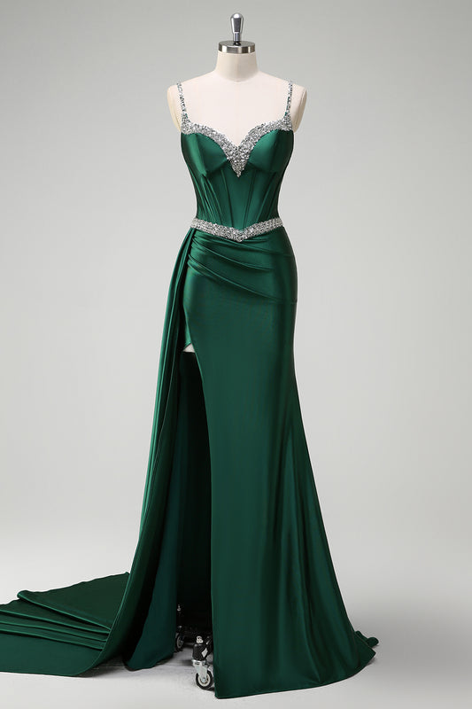 Dark Green Sequined Spaghetti Straps Mermaid Long Prom Dress with Slit