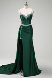 Dark Green Sequined Spaghetti Straps Mermaid Long Prom Dress with Slit