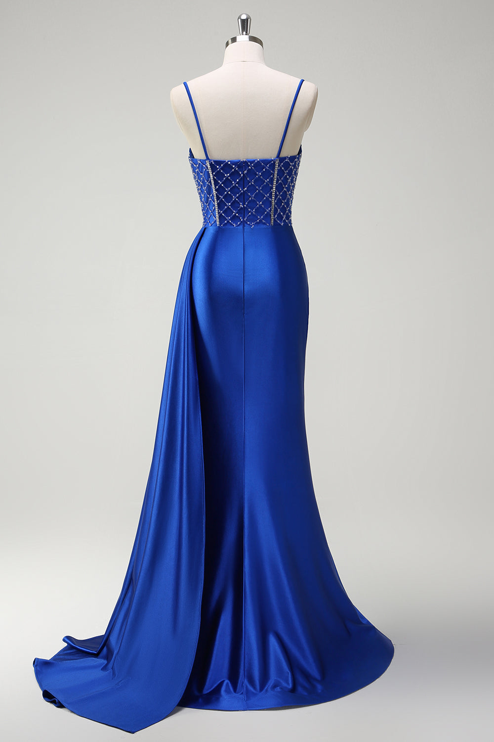 Royal Blue Beaded Spaghetti Straps Mermaid Long Prom Dress with Slit