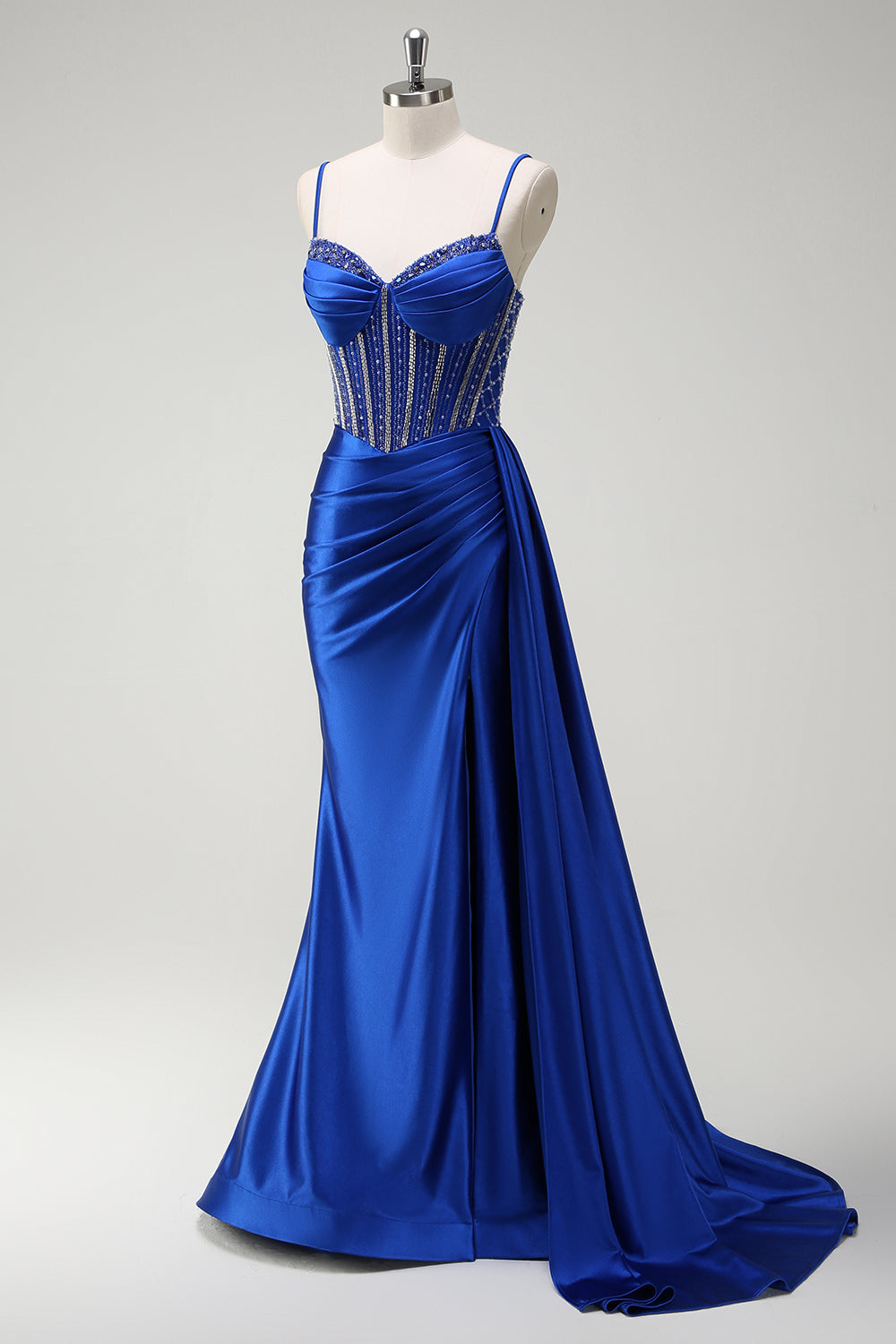 Royal Blue Beaded Spaghetti Straps Mermaid Long Prom Dress with Slit