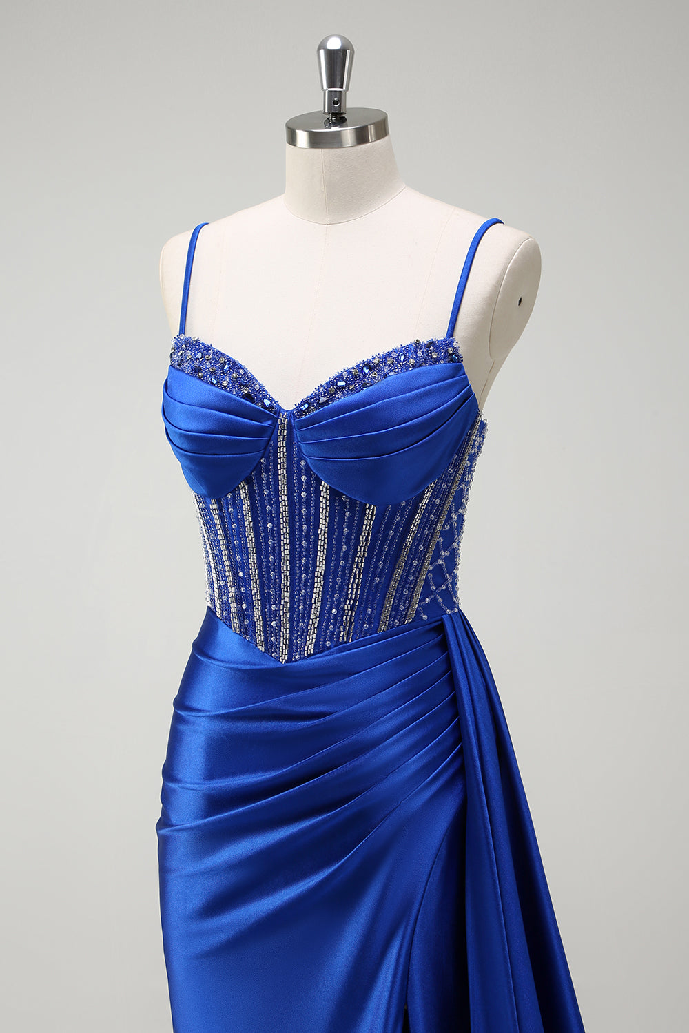 Royal Blue Beaded Spaghetti Straps Mermaid Long Prom Dress with Slit