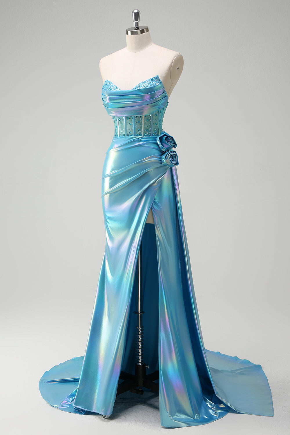 Sparkly Blue Flower Strapless Mermaid Long Prom Dress with Slit