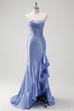 Sparkly Grey Blue Sweetheart Mermaid Long Prom Dress with Ruffles