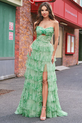 Green Floral A-Line Chiffon Tulle Long Prom Dress with Slit