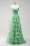 Green Floral A-Line Tiered Strapless Long Prom Dress with Slit