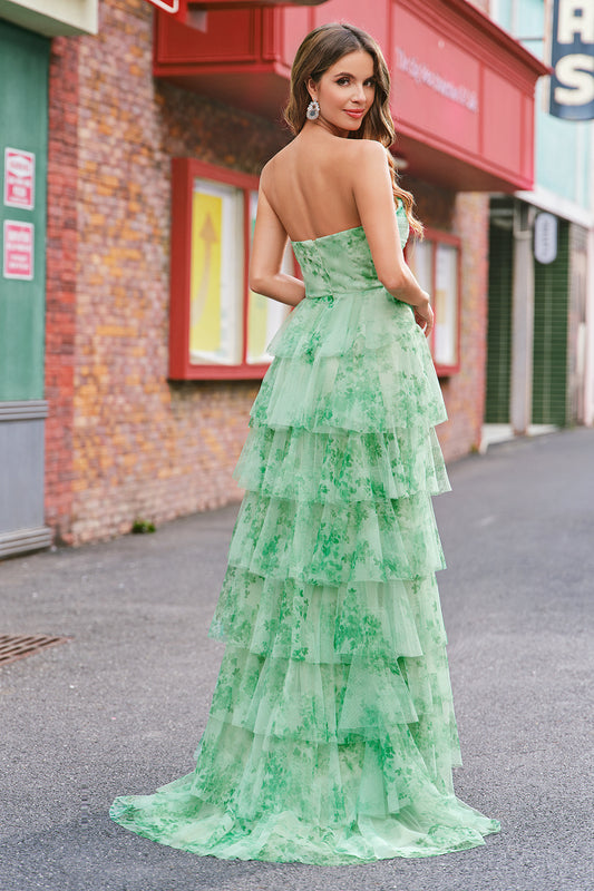 Green Floral A-Line Chiffon Tulle Long Prom Dress with Slit