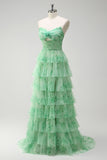 Green Floral A-Line Tiered Strapless Long Prom Dress with Slit