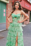 Green Floral A-Line Chiffon Tulle Long Prom Dress with Slit