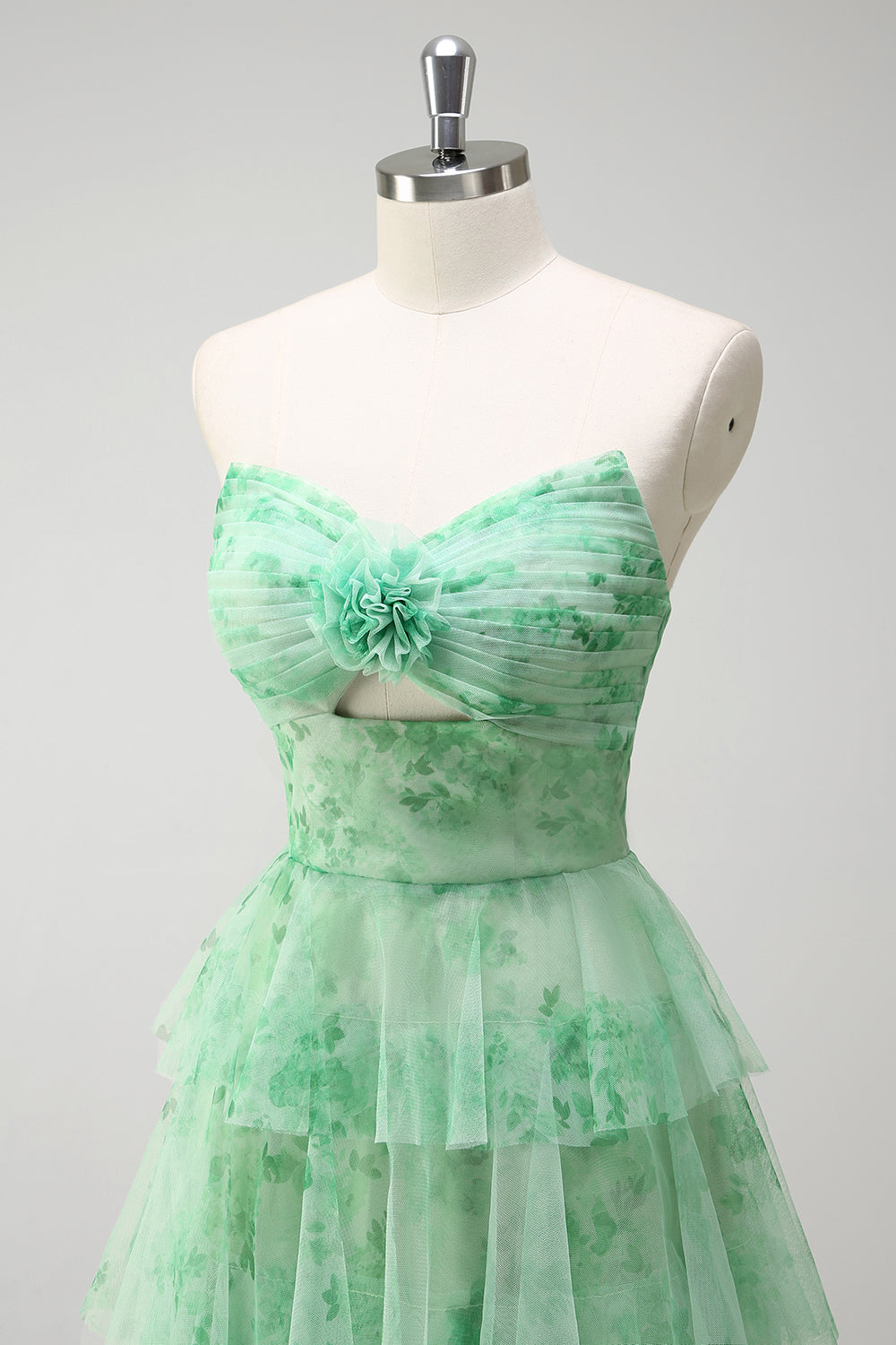 Green Floral A-Line Tiered Strapless Long Prom Dress with Slit