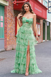 Green Floral A-Line Chiffon Tulle Long Prom Dress with Slit