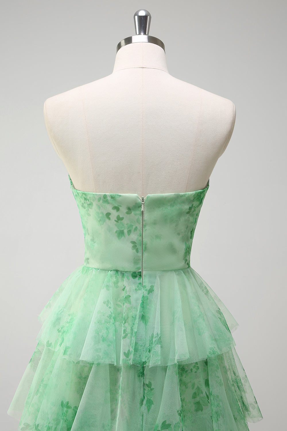 Green Floral A-Line Tiered Strapless Long Prom Dress with Slit